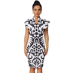 A Black And White Image Of An Ornate Design Vintage Frill Sleeve V-neck Bodycon Dress