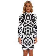 A Black And White Image Of An Ornate Design Long Sleeve Shirt Collar Bodycon Dress