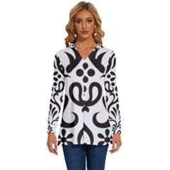 A Black And White Image Of An Ornate Design Long Sleeve Drawstring Hooded Top