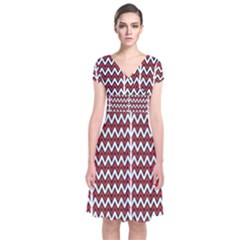 A Red And Black Zigzag Pattern On A White Background Short Sleeve Front Wrap Dress