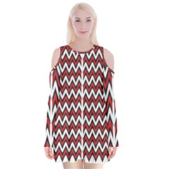 A Red And Black Zigzag Pattern On A White Background Velvet Long Sleeve Shoulder Cutout Dress