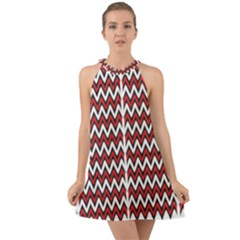 A Red And Black Zigzag Pattern On A White Background Halter Tie Back Chiffon Dress