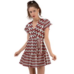 A Red And Black Zigzag Pattern On A White Background Flutter Sleeve Wrap Dress