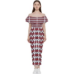 A Red And Black Zigzag Pattern On A White Background Bardot Ruffle Jumpsuit