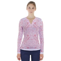 A Pink And White Abstract Design On A White Background V-neck Long Sleeve Top