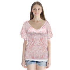 A Pink And White Abstract Design On A White Background V-neck Flutter Sleeve Top