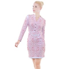 A Pink And White Abstract Design On A White Background Button Long Sleeve Dress