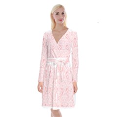 A Pink And White Abstract Design On A White Background Long Sleeve Velvet Front Wrap Dress