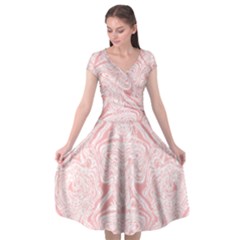 A Pink And White Abstract Design On A White Background Cap Sleeve Wrap Front Dress