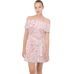 A Pink And White Abstract Design On A White Background Off Shoulder Chiffon Dress