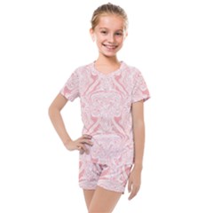 A Pink And White Abstract Design On A White Background Kids  Mesh T-shirt And Shorts Set