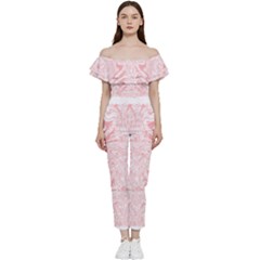 A Pink And White Abstract Design On A White Background Bardot Ruffle Jumpsuit