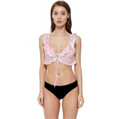 A Pink And White Abstract Design On A White Background Low Cut Ruffle Edge Bikini Top