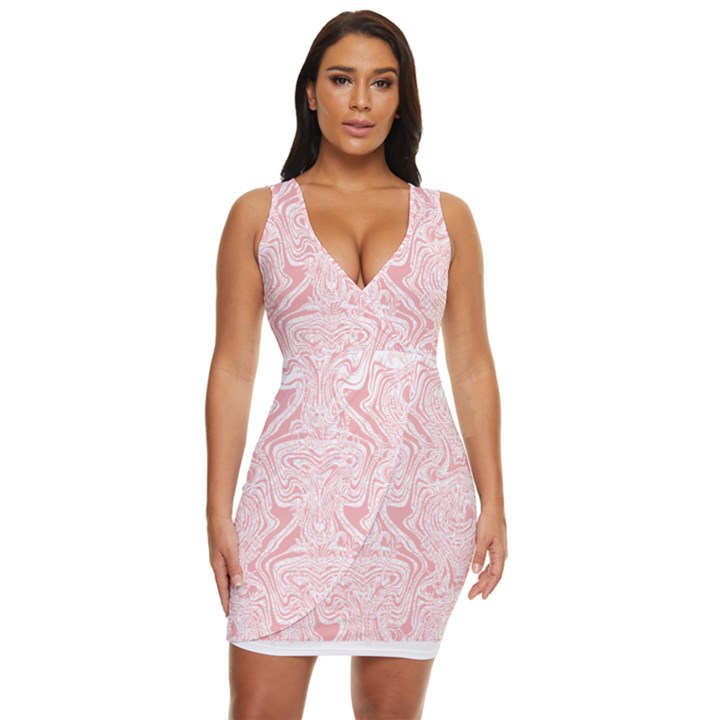 A Pink And White Abstract Design On A White Background Draped Bodycon Dress