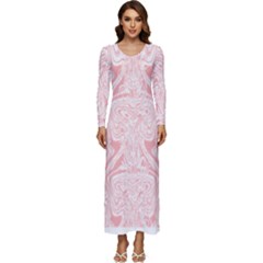 A Pink And White Abstract Design On A White Background Long Sleeve Longline Maxi Dress