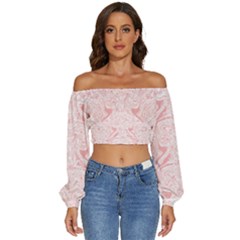 A Pink And White Abstract Design On A White Background Long Sleeve Crinkled Weave Crop Top