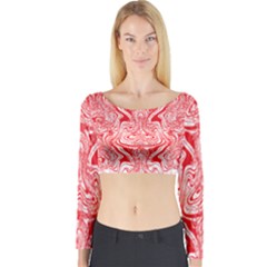 A Red And White Image Of A Pattern On A White Background Long Sleeve Crop Top