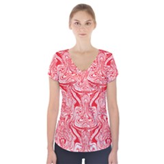 A Red And White Image Of A Pattern On A White Background Short Sleeve Front Detail Top