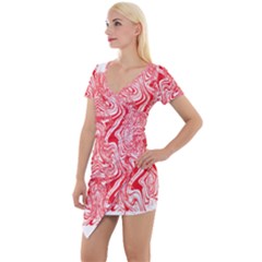 A Red And White Image Of A Pattern On A White Background Short Sleeve Asymmetric Mini Dress