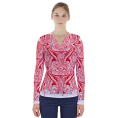 A Red And White Image Of A Pattern On A White Background V-neck Long Sleeve Top