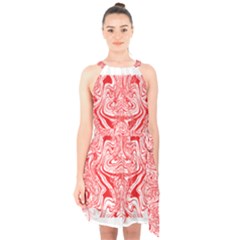 A Red And White Image Of A Pattern On A White Background Halter Collar Waist Tie Chiffon Dress