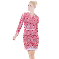 A Red And White Image Of A Pattern On A White Background Button Long Sleeve Dress