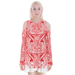 A Red And White Image Of A Pattern On A White Background Velvet Long Sleeve Shoulder Cutout Dress