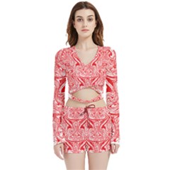 A Red And White Image Of A Pattern On A White Background Velvet Wrap Crop Top And Shorts Set