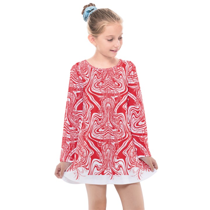 A Red And White Image Of A Pattern On A White Background Kids  Long Sleeve Dress