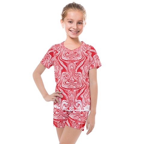 A Red And White Image Of A Pattern On A White Background Kids  Mesh T-shirt And Shorts Set by catchydesignhill