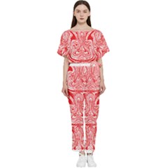 A Red And White Image Of A Pattern On A White Background Batwing Lightweight Chiffon Jumpsuit