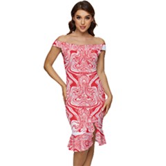 A Red And White Image Of A Pattern On A White Background Off Shoulder Ruffle Split Hem Bodycon Dress by catchydesignhill