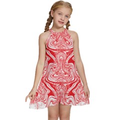 A Red And White Image Of A Pattern On A White Background Kids  Halter Collar Waist Tie Chiffon Dress