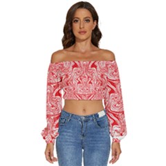 A Red And White Image Of A Pattern On A White Background Long Sleeve Crinkled Weave Crop Top