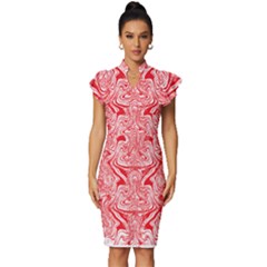 A Red And White Image Of A Pattern On A White Background Vintage Frill Sleeve V-neck Bodycon Dress by catchydesignhill