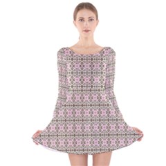 A Pink And Brown Pattern On A White Background Long Sleeve Velvet Skater Dress