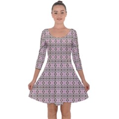 A Pink And Brown Pattern On A White Background Quarter Sleeve Skater Dress