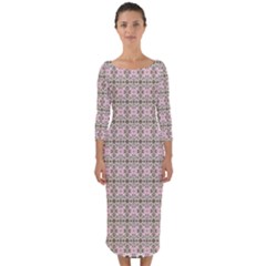 A Pink And Brown Pattern On A White Background Quarter Sleeve Midi Bodycon Dress