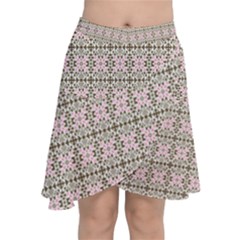 A Pink And Brown Pattern On A White Background Chiffon Wrap Front Skirt