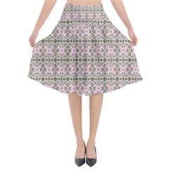 A Pink And Brown Pattern On A White Background Flared Midi Skirt