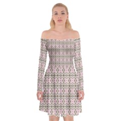 A Pink And Brown Pattern On A White Background Off Shoulder Skater Dress