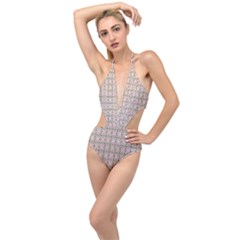 A Pink And Brown Pattern On A White Background Plunging Cut Out Swimsuit