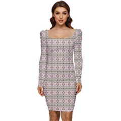 A Pink And Brown Pattern On A White Background Women Long Sleeve Ruched Stretch Jersey Dress