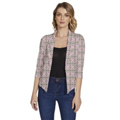 A Pink And Brown Pattern On A White Background Women s Draped Front 3/4 Sleeve Shawl Collar Jacket