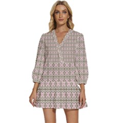 A Pink And Brown Pattern On A White Background V-neck Placket Mini Dress