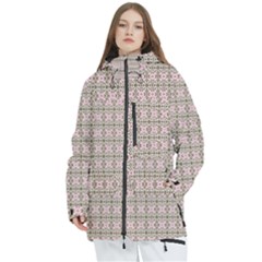 A Pink And Brown Pattern On A White Background Women s Multi Pockets Zip Ski And Snowboard Waterproof Breathable Jacket