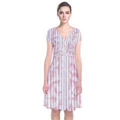 A Pink And White Striped Background Short Sleeve Front Wrap Dress