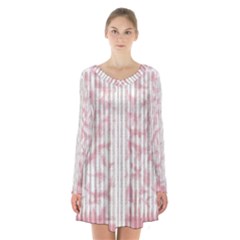 A Pink And White Striped Background Long Sleeve Velvet V-neck Dress