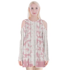 A Pink And White Striped Background Velvet Long Sleeve Shoulder Cutout Dress