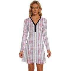 A Pink And White Striped Background Long Sleeve Deep V Mini Dress 